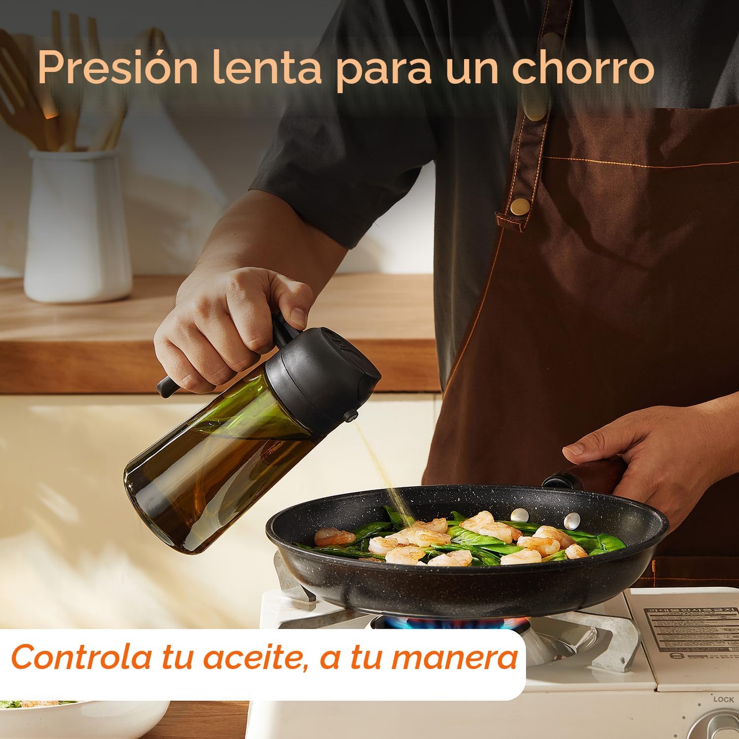 Dispensador de aceite 2-en-1: spray fino + chorro lento