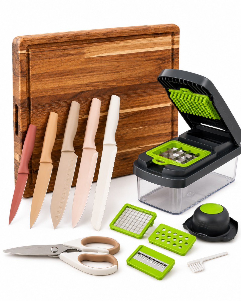 Kit Maestro 3-en-1: set de cuchillos, tabla de teca y cortador