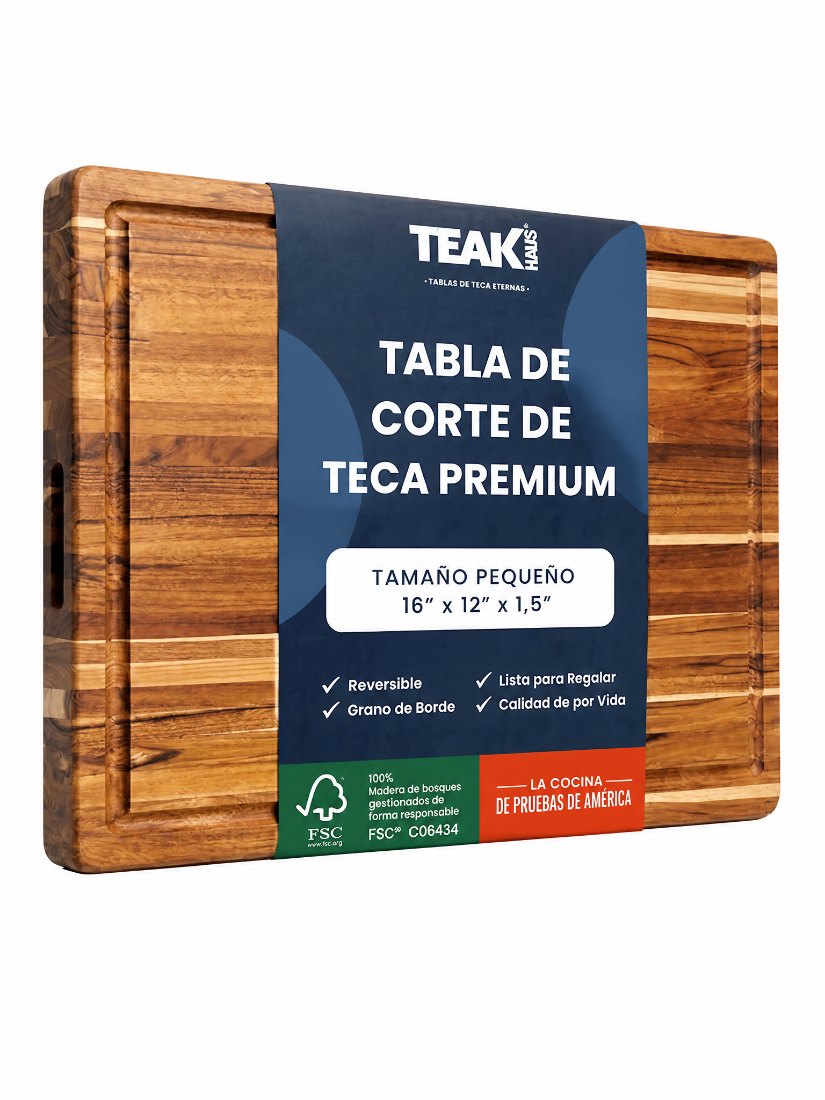 Tabla de corte de teca premium con su empaque