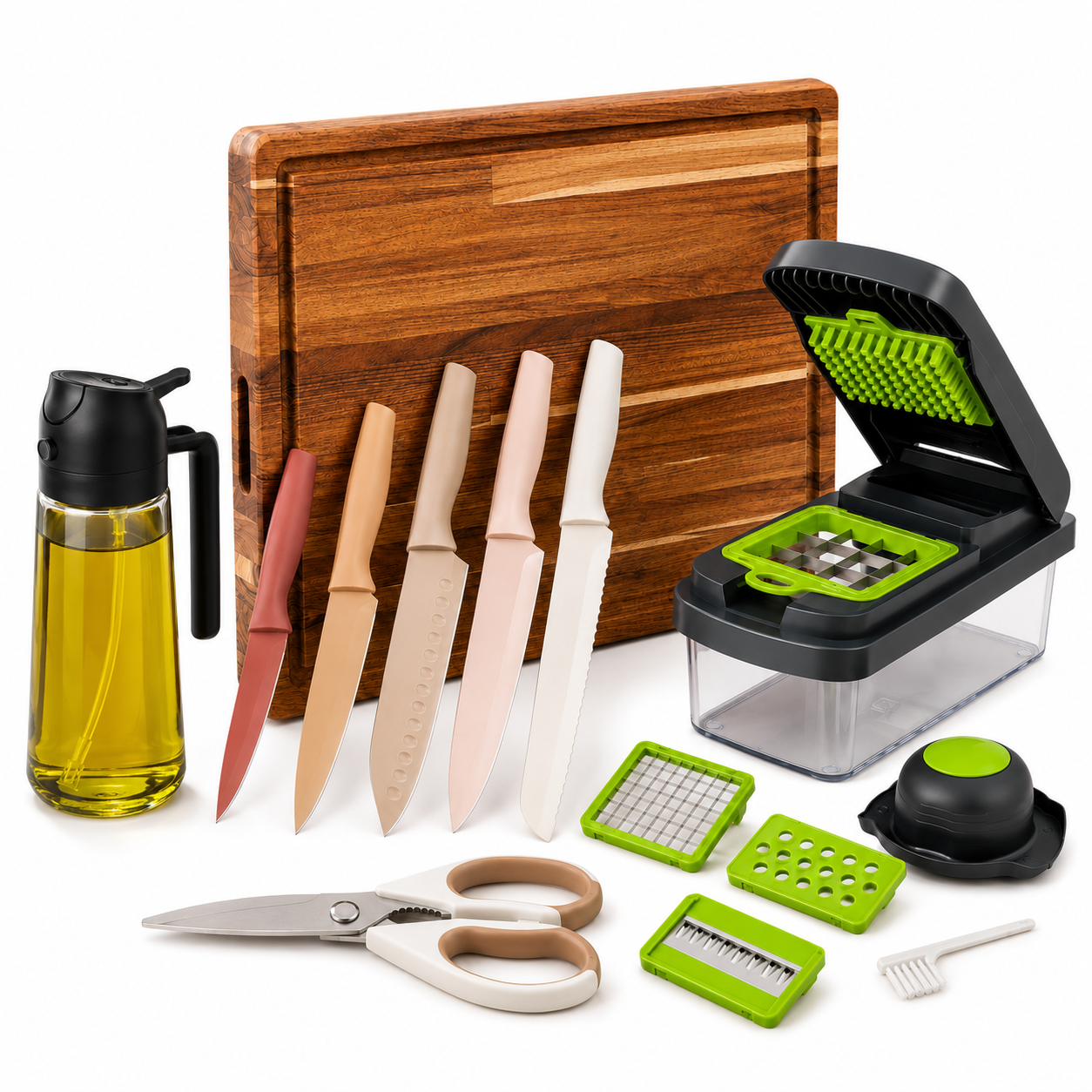 Kit Maestro 4-en-1: set de cuchillos, tabla de teca y cortador