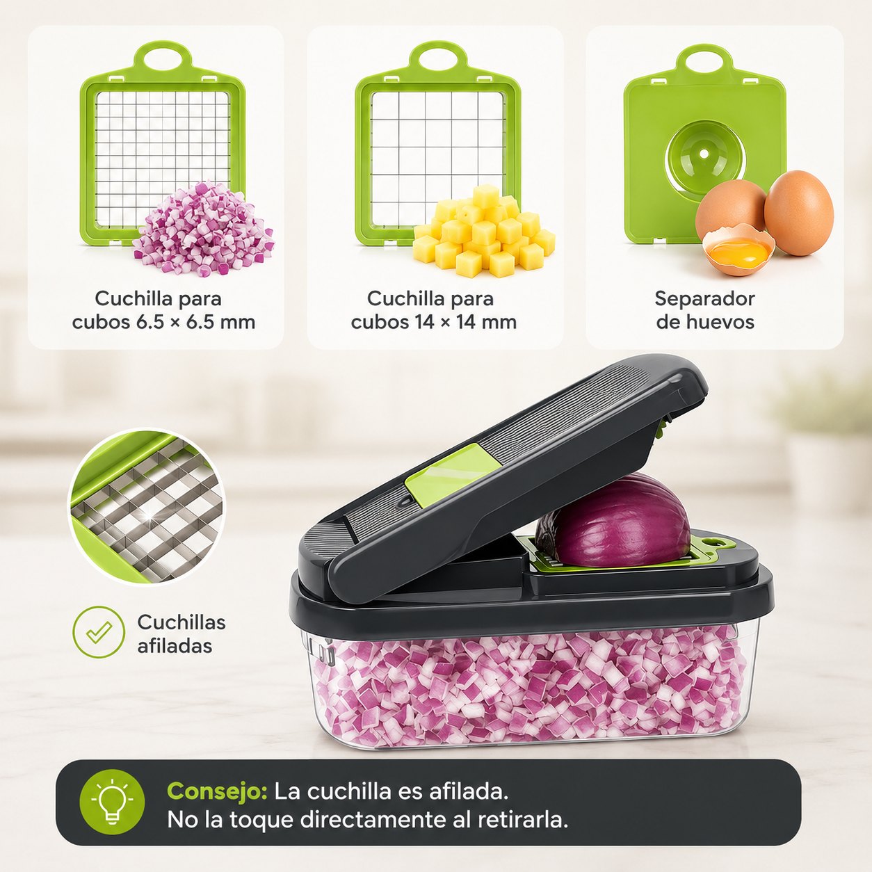 Cuchillas para cubos y separador de huevos
